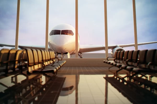 Airplane, view from airport terminal.