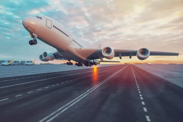 Airplane taking off from the airport. 3d render and illustration.